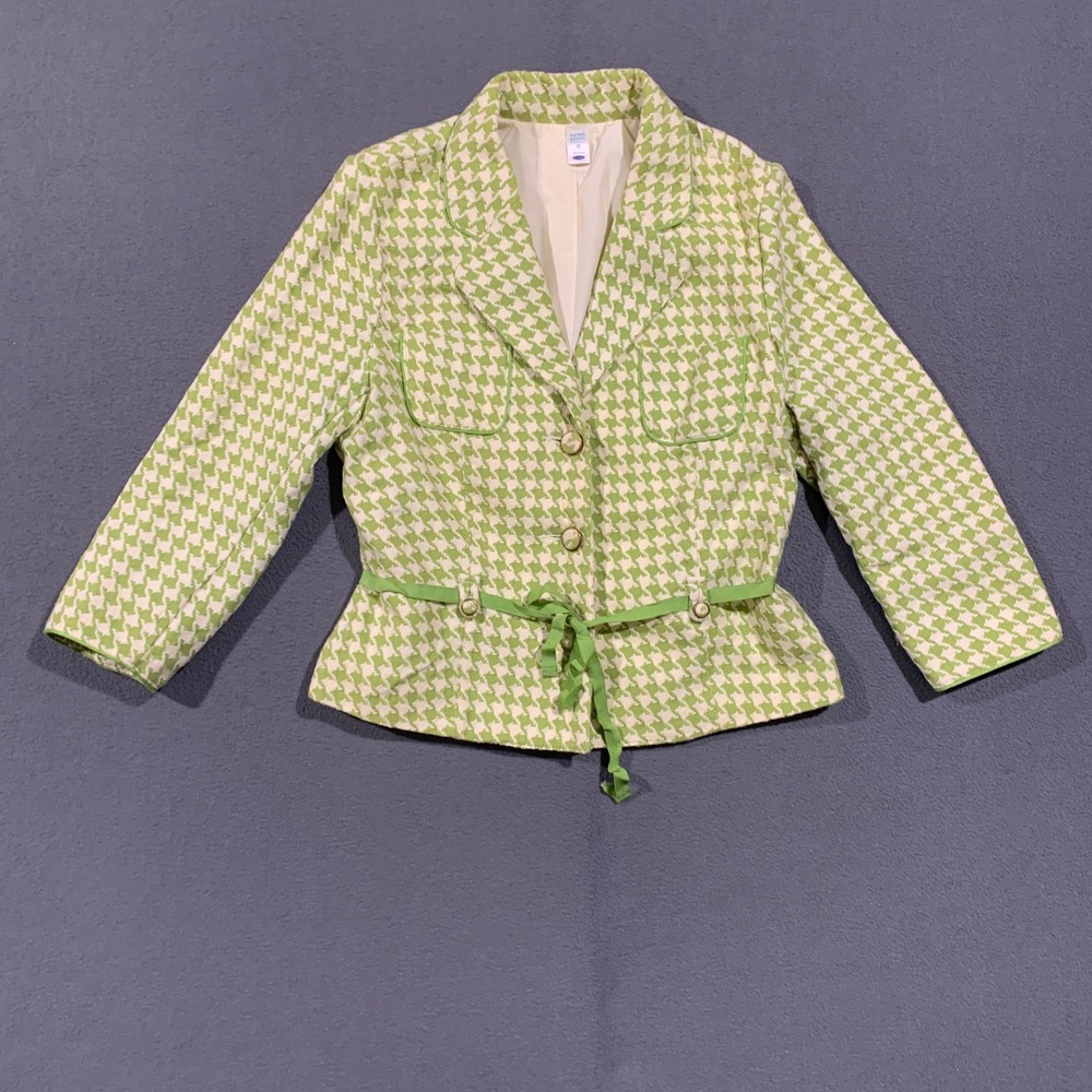 Old Navy Houndstooth Blazer Women M Chartreuse Green White 3/4 Slv Ribbon Tie